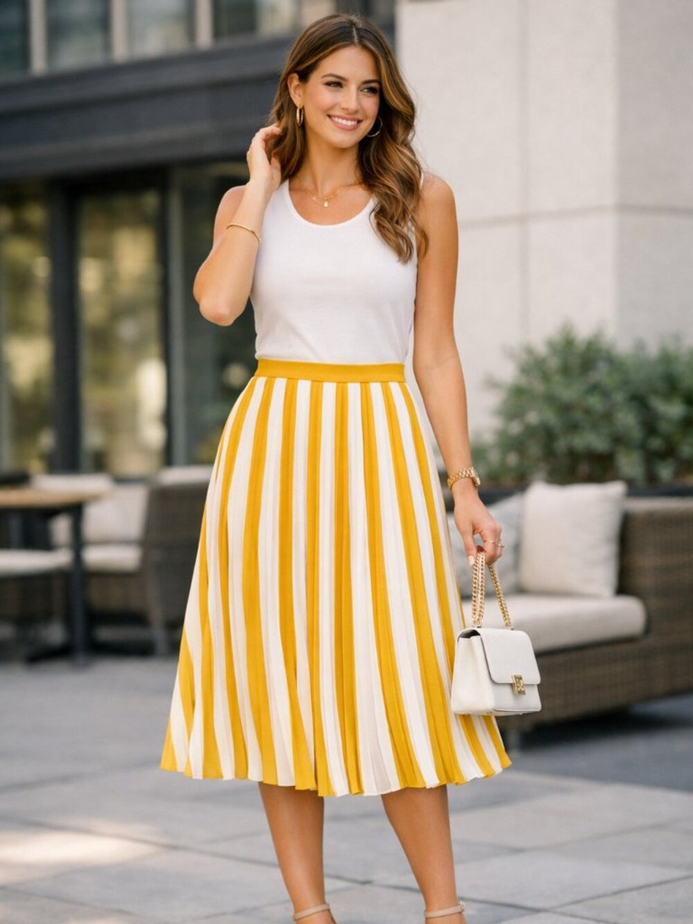 Karl Lagerfeld Paris Yellow & White Pleated Midi Skirt Size 4 NWT